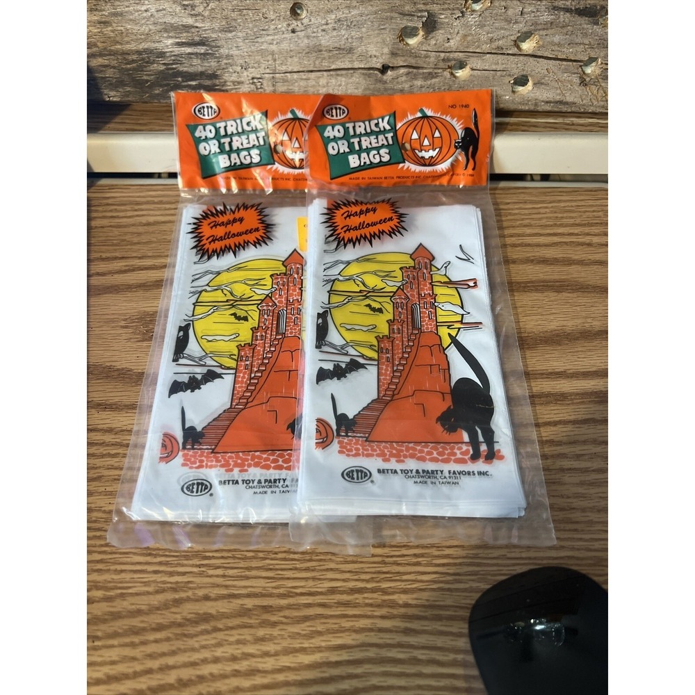 1986 Vintage Betta Halloween Candy Plastic Trick Or Treat Bags Pumpkin Cat Ghost
